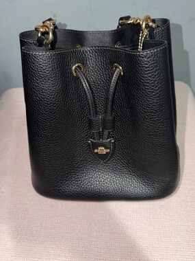 Black Leather Drawstring Bucket Bag
